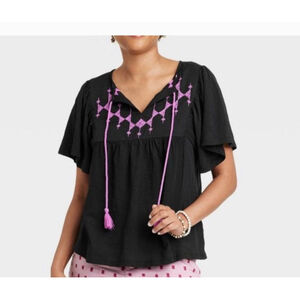 Knox Rose Black Pink Embroidered boho prarie Short Sleeve Tee L